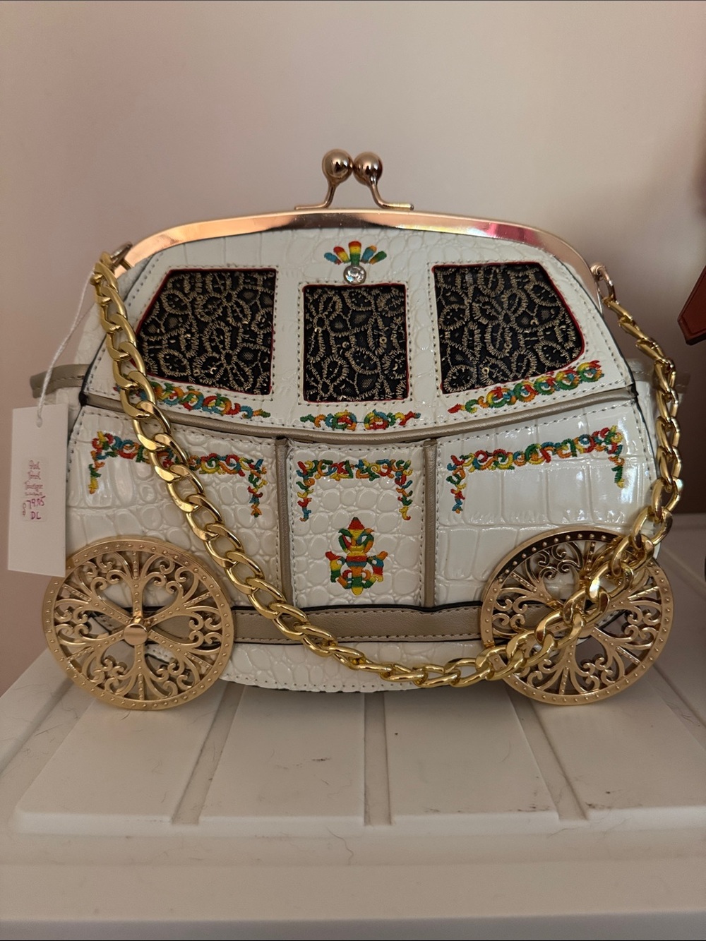 White Embellished Carriage purse with Gold Chain Detail and shoulder strap - Picture 1 of 7